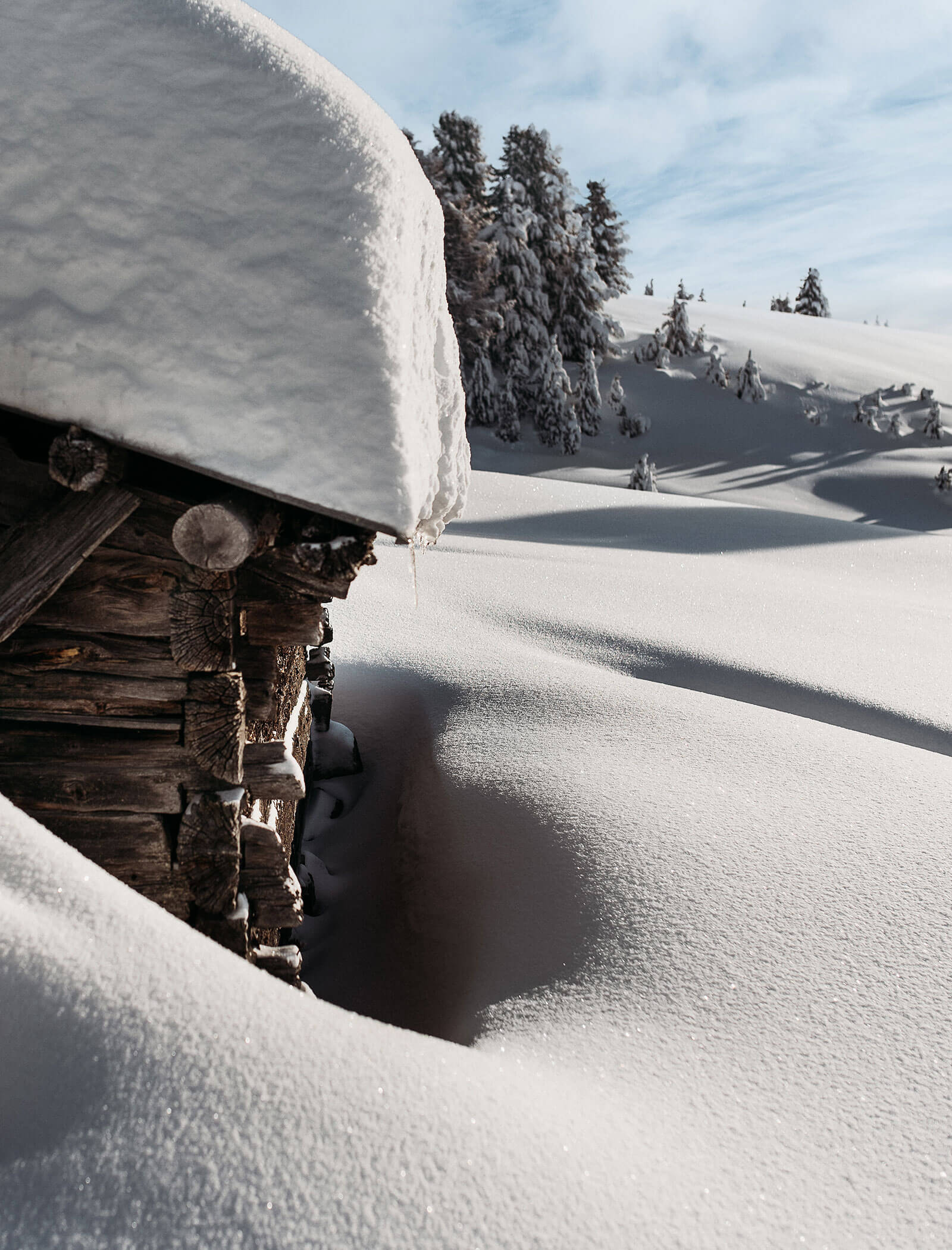 Eine tief verschneite Holzhütte steht an einem verschneiten, baumbestandenen Hang unter blauem Himmel. - Egger Apartments & Suites