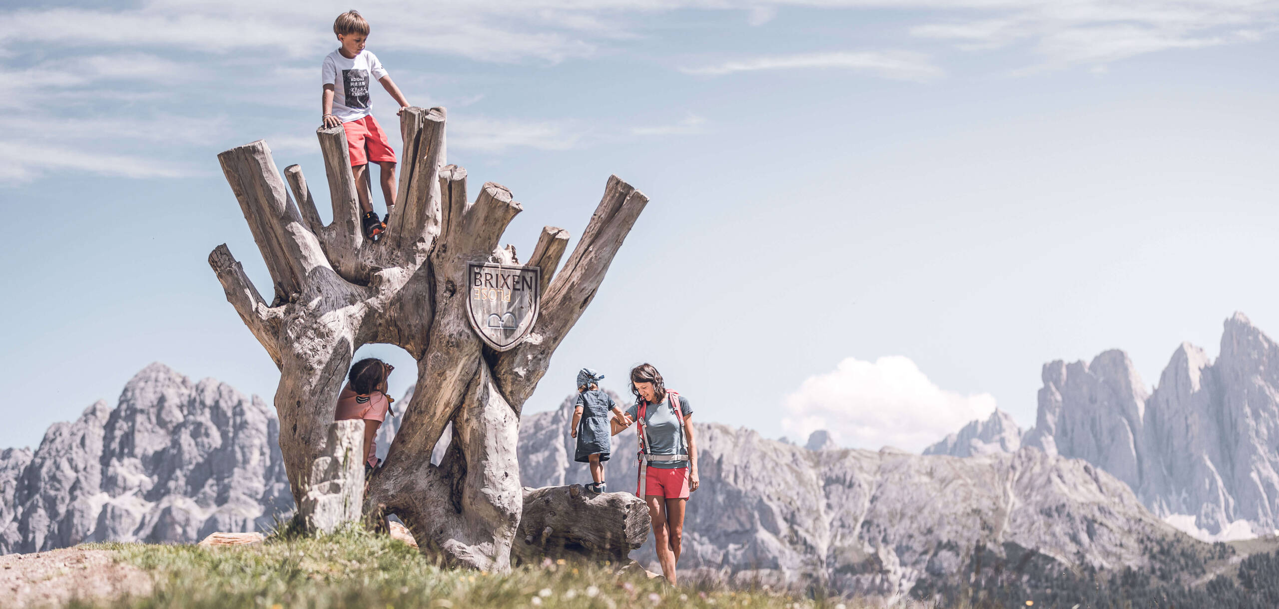 Eine Familie erkundet eine hölzerne Baumskulptur auf einem Berg mit felsigen Gipfeln im Hintergrund. - Egger Apartments & Suites