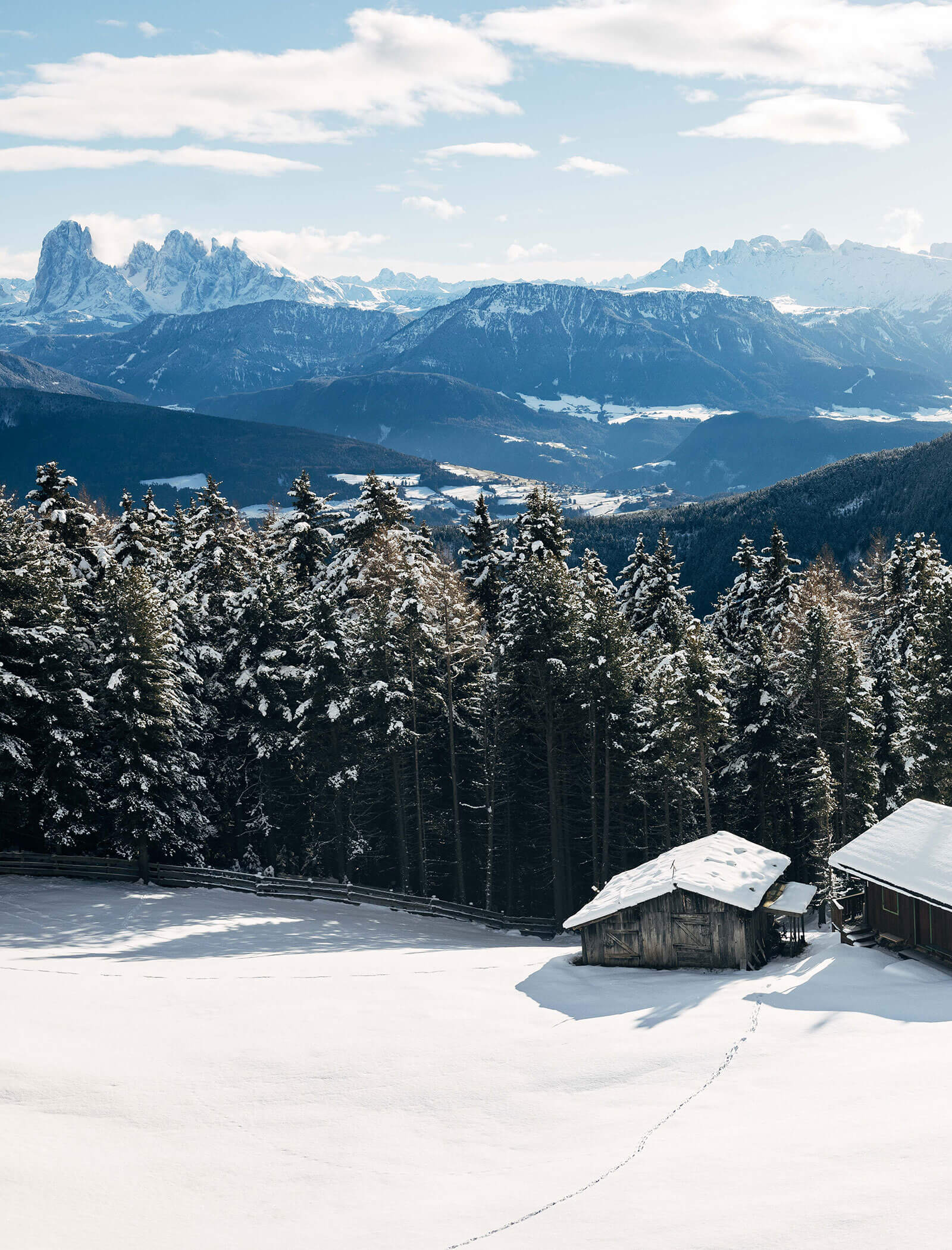 Eine schneebedeckte Hütte liegt in einem Wald, in der Ferne sind Berggipfel unter einem hellen Himmel zu sehen. - Egger Apartments & Suites